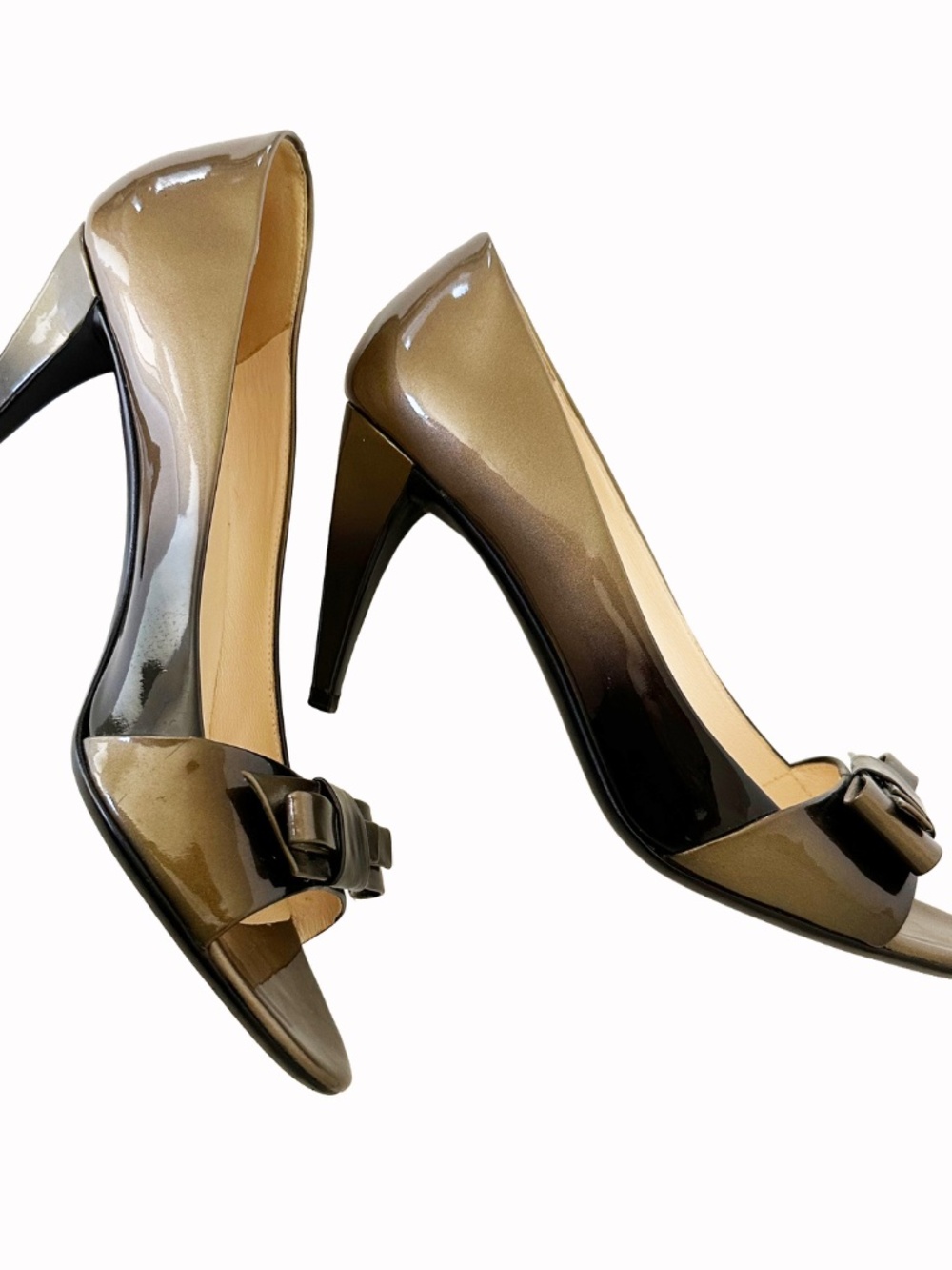 Vintage PRADA Ombré Patent Leather Bow Peep Toe Pumps EU 39.5 US 9.5